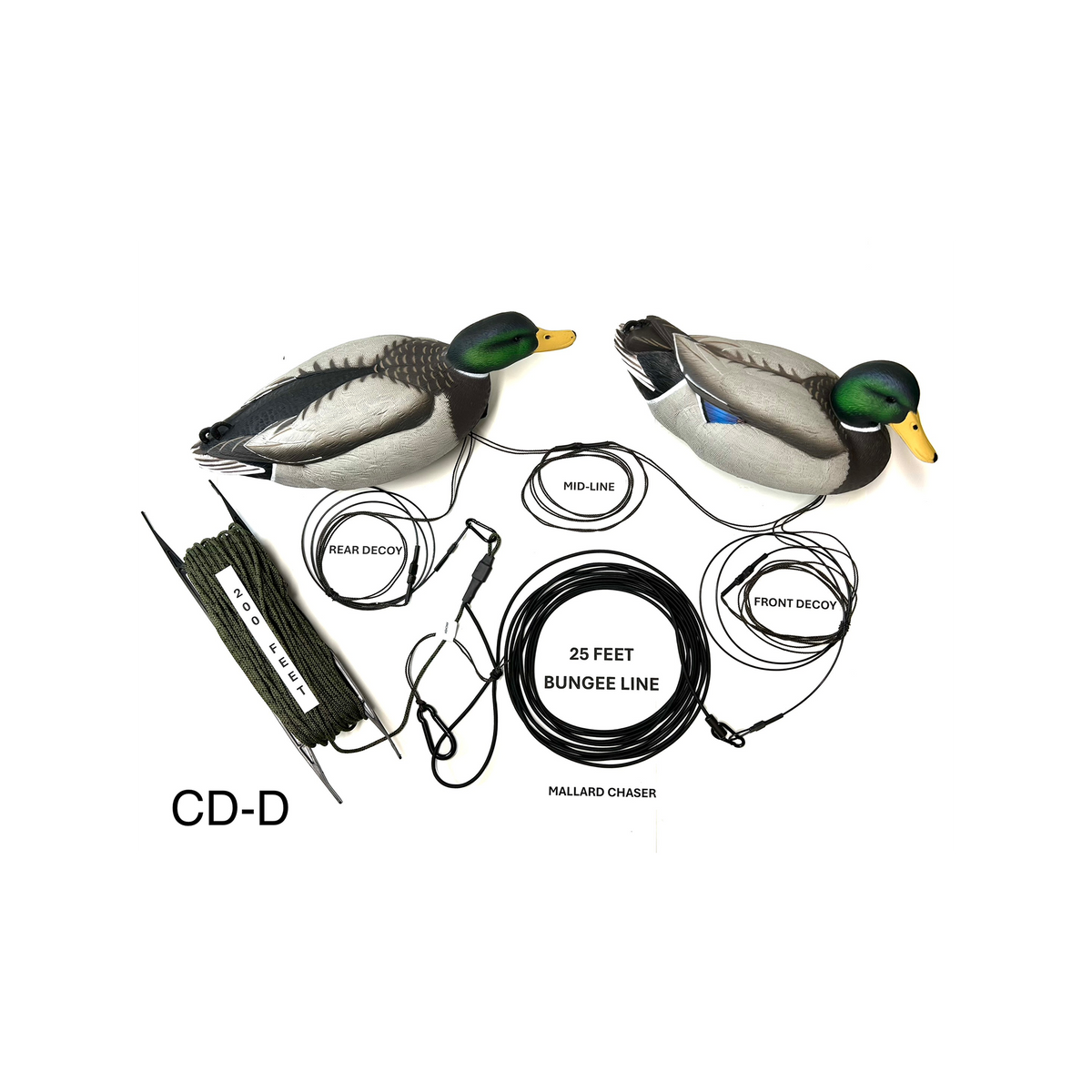 Mallard Chaser shaker system rigged with Divebomb mallard chaser drake and standard drake decoys, 25 ft bungee line, 200 ft floating rope and winder