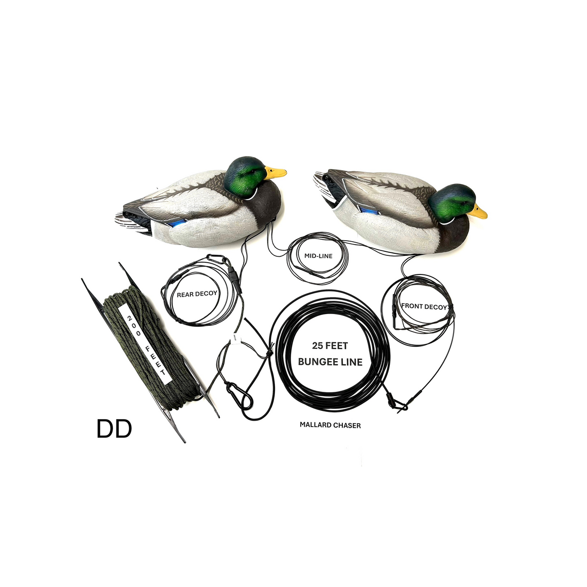 Mallard Chaser shaker system rigged with two Divebomb standard mallard drake decoys, 25 ft bungee line, 200 ft floating rope and winder