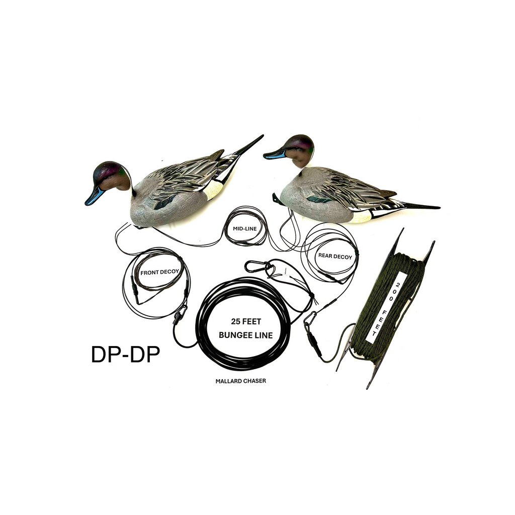 Mallard Chaser shaker system rigged with two Divebomb pintail drake decoys, 25 ft bungee line, 200 ft floating rope and winder