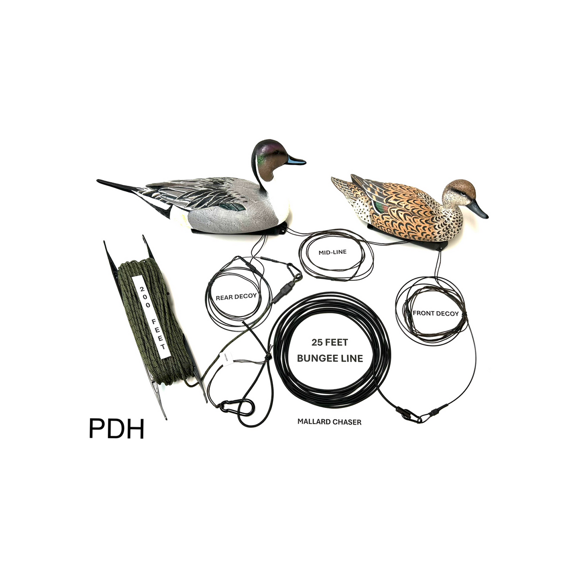 Mallard Chaser shaker system rigged with Divebomb pintail drake and hen decoys, 25 ft bungee line, 200 ft floating rope and winder