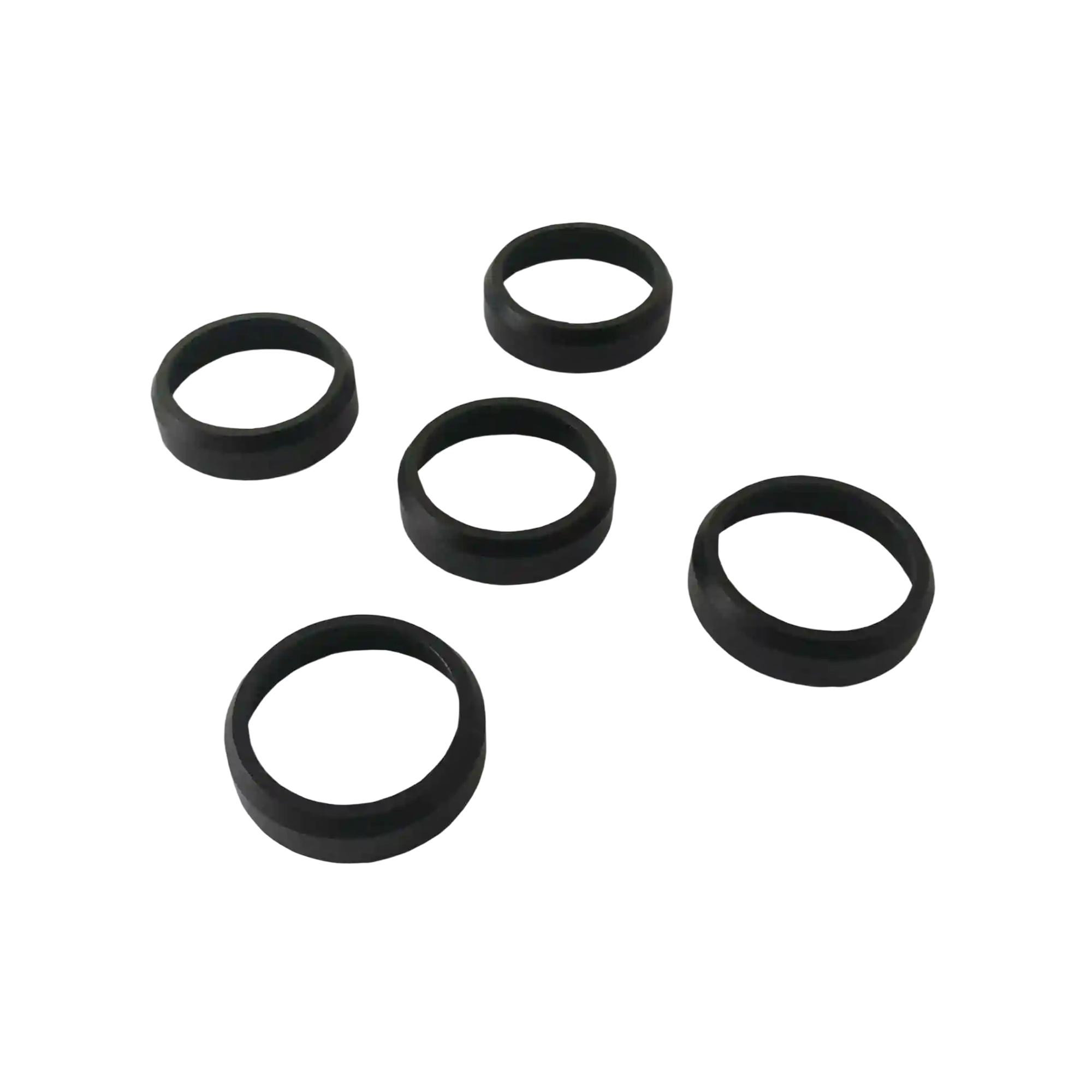 Five black anodized aluminum anti-crack rings for duck call barrels