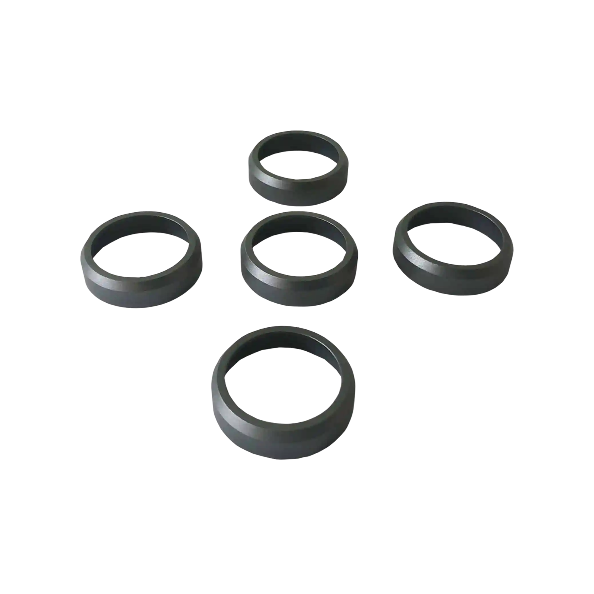 Five gray anodized aluminum anti-crack rings for duck call barrels