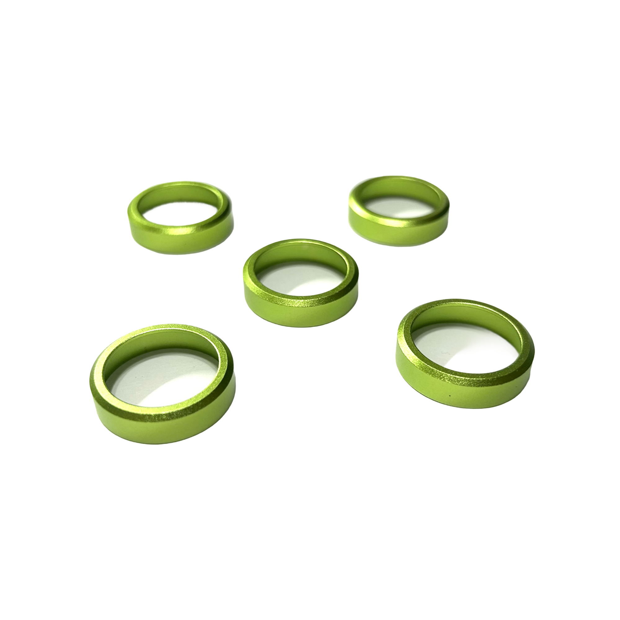 Five green anodized aluminum anti-crack rings for duck call barrels