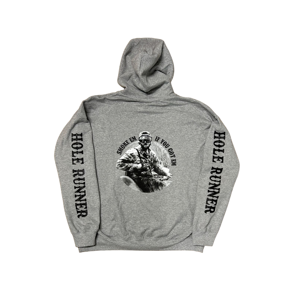 Cut-Down Duck Calls Hole Runner hoodie in gray, back view with Hole Runner graphic