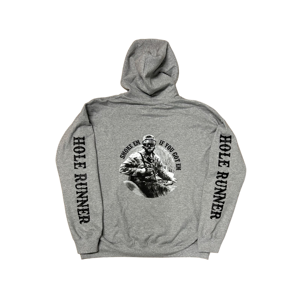 Cut-Down Duck Calls Hole Runner hoodie in gray, back view with Hole Runner graphic