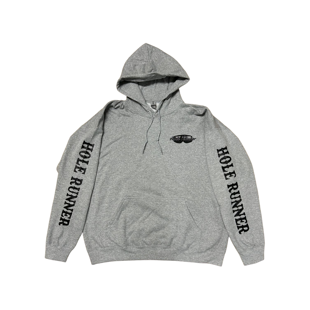 Cut-Down Duck Calls Hole Runner hoodie in gray, front view