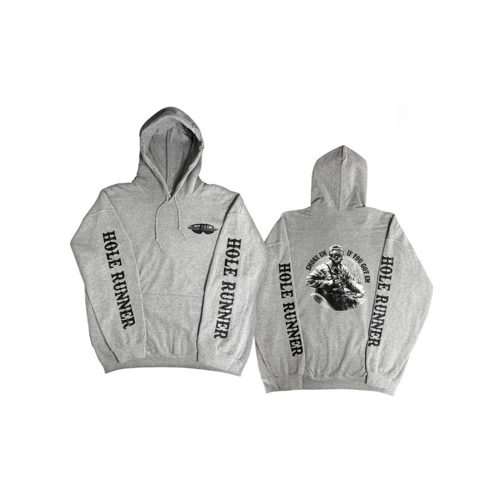 Cut-Down Duck Calls Hole Runner hoodie in gray, front and back view