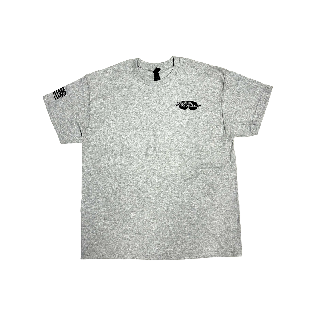 Gray Holerunner t-shirt, front, with Holerunner logo