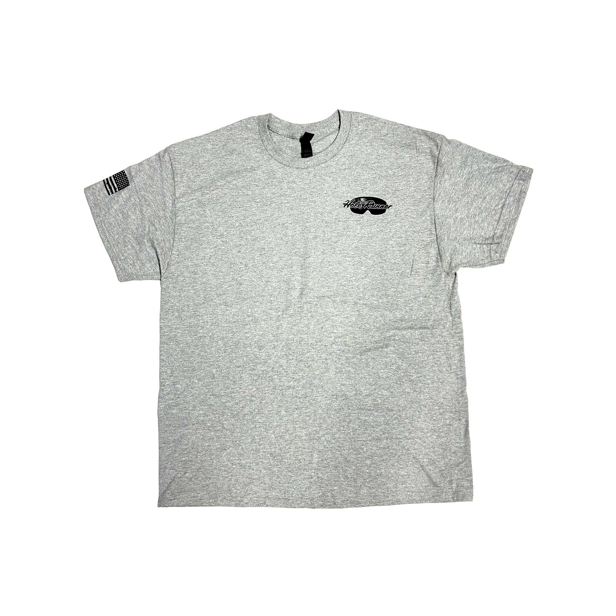 Gray Holerunner t-shirt, front, with Holerunner logo