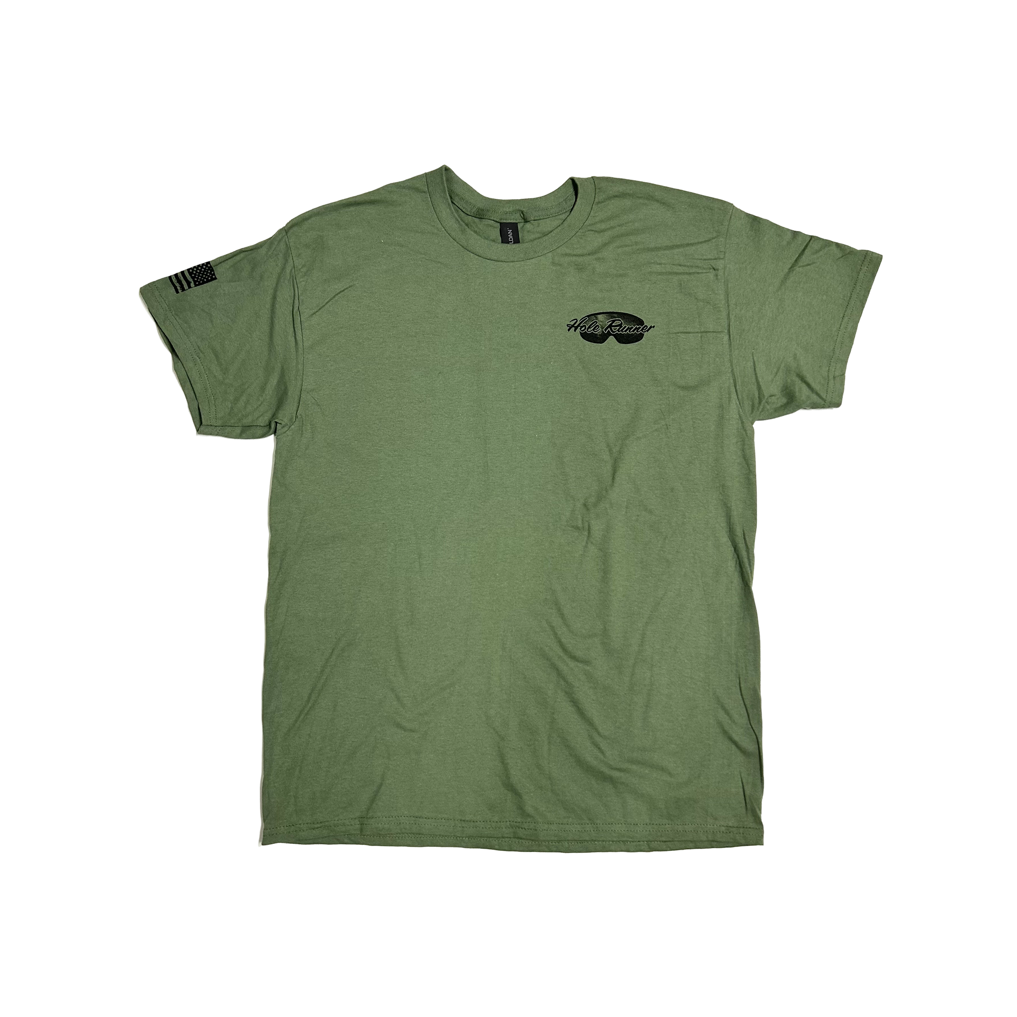 OD green Holerunner t-shirt, front, with Holerunner logo