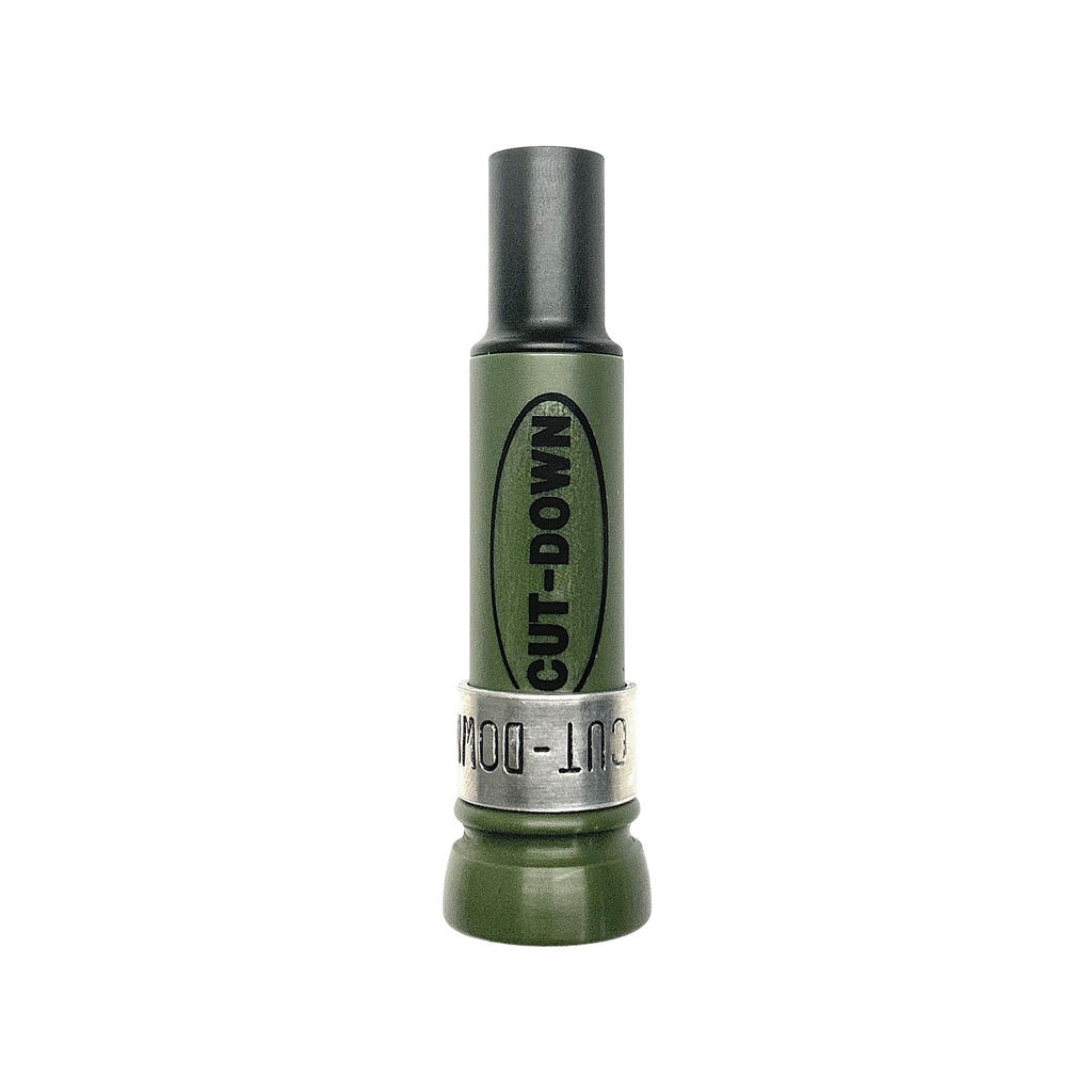 KM Outlaw cut-down duck call with OD green barrel, band, and decal