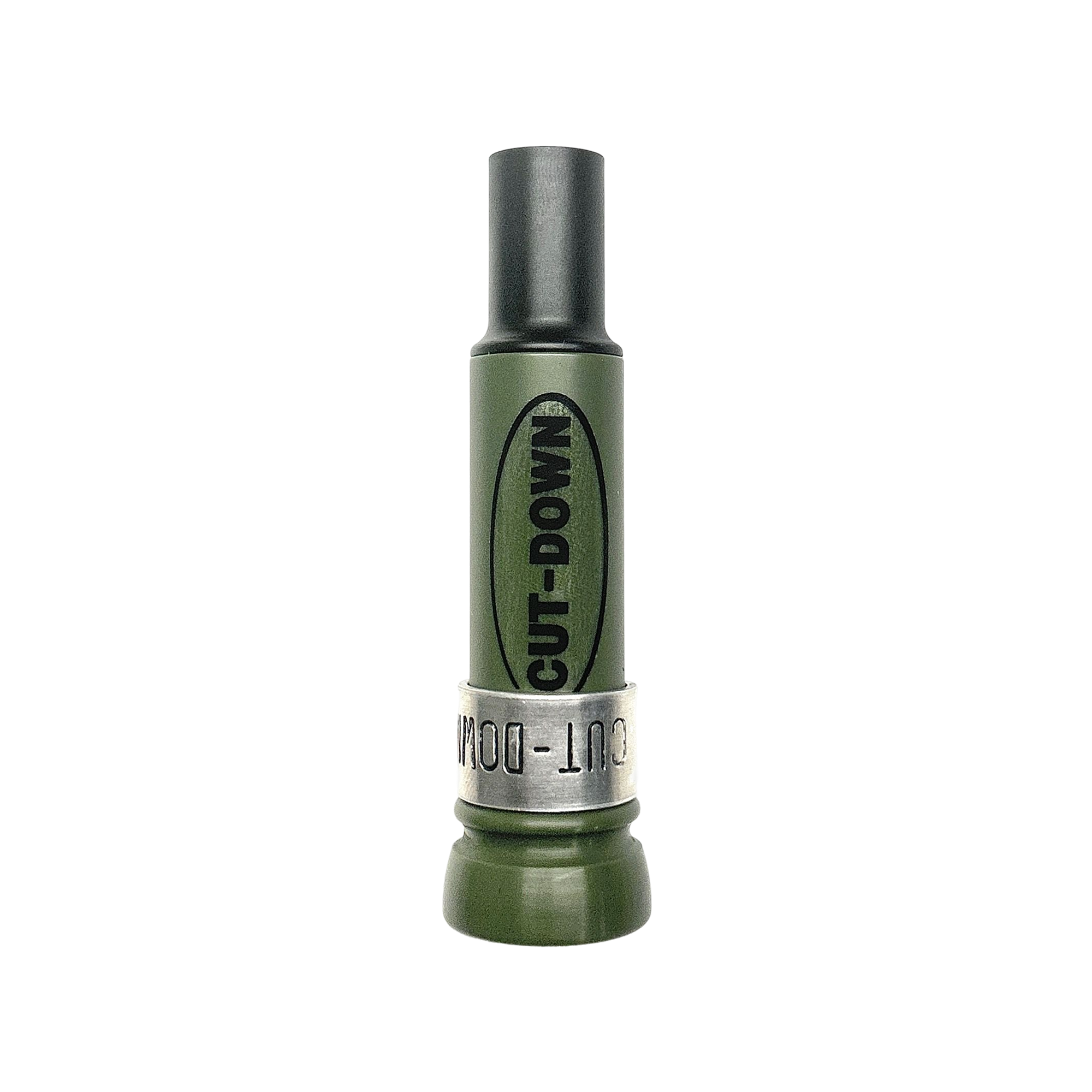 KM Outlaw cut-down duck call with OD green barrel, band, and decal