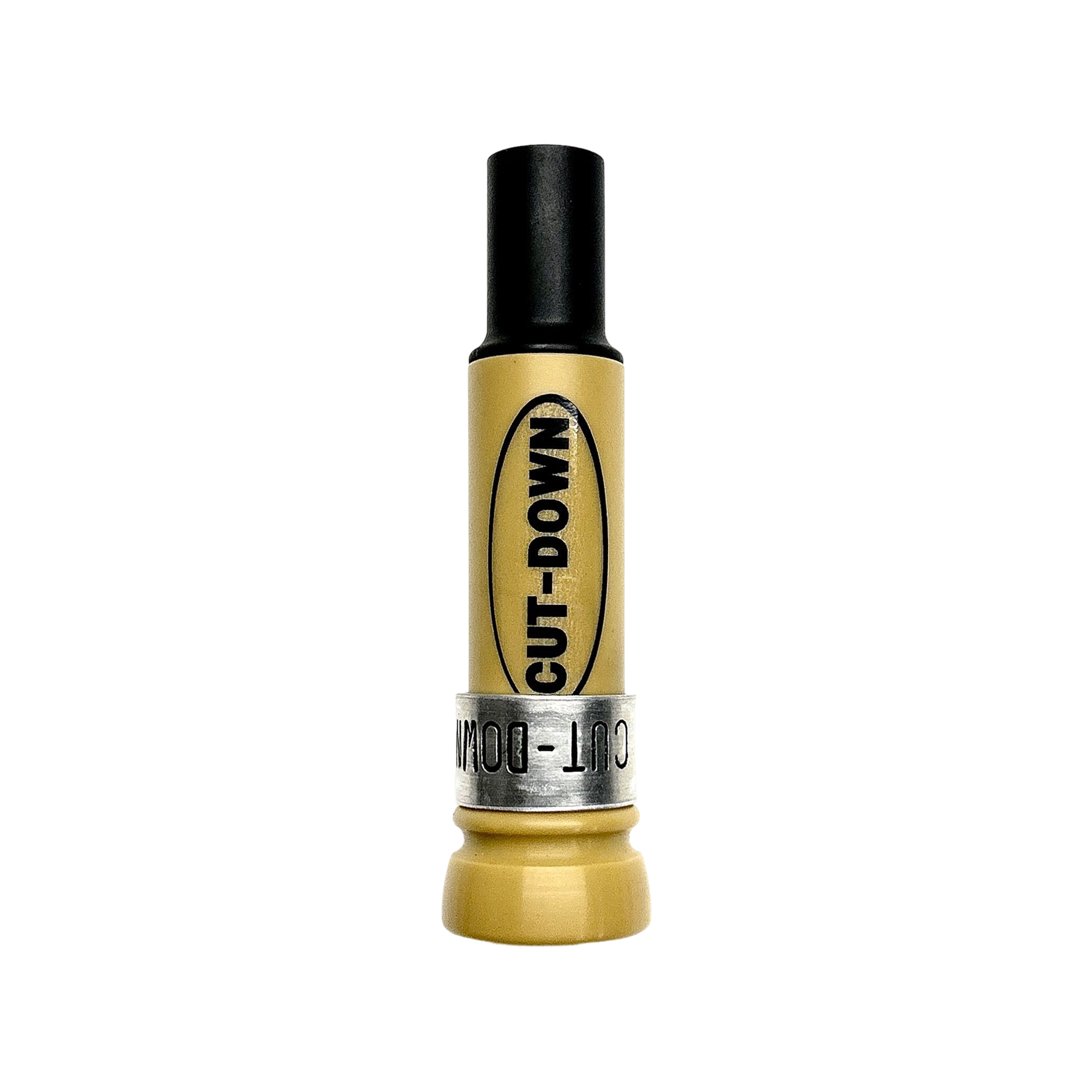 KM Outlaw cut-down duck call with tan barrel, band, and decal