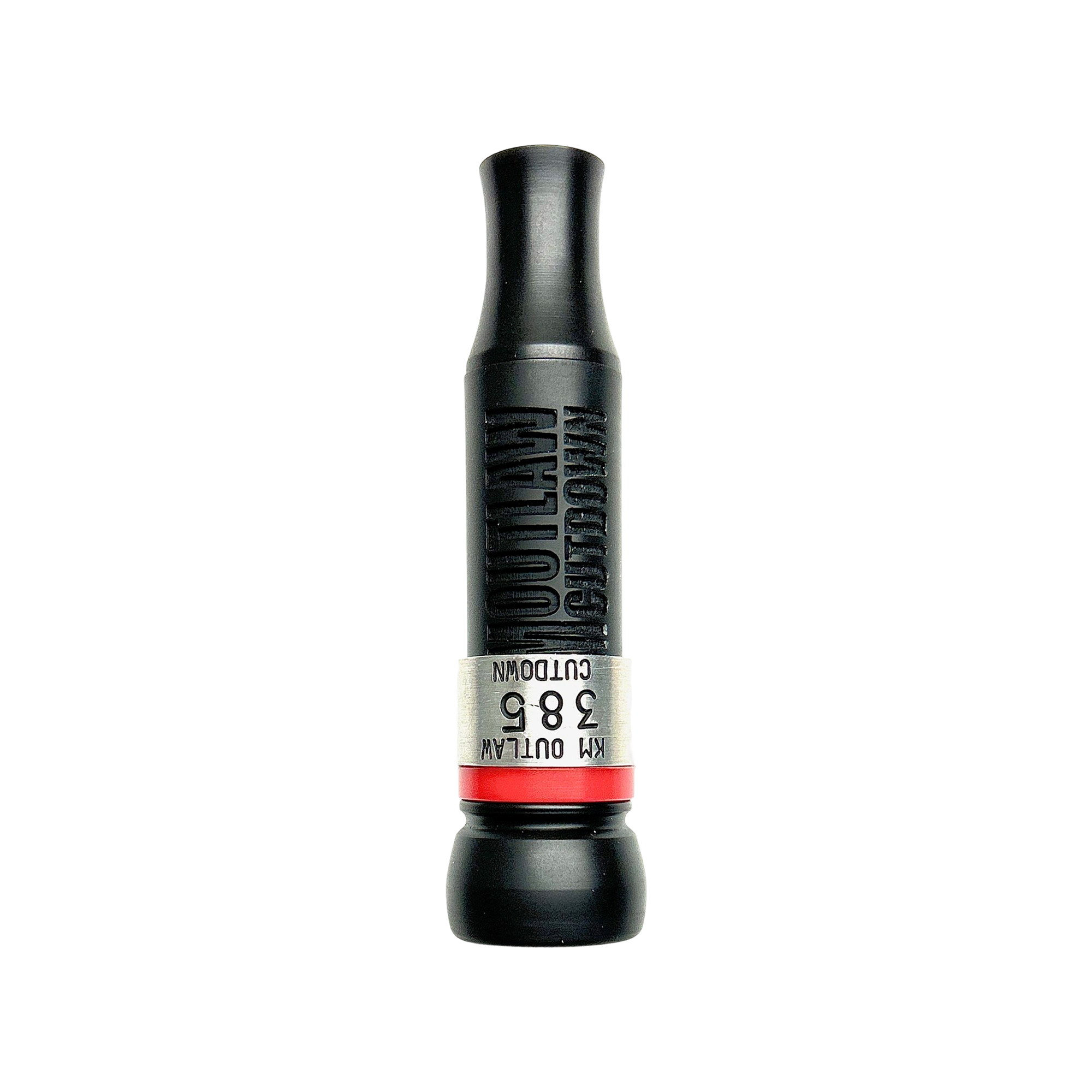 KM Outlaw Red-Label cut-down duck call with flared keyhole insert and threaded barrel