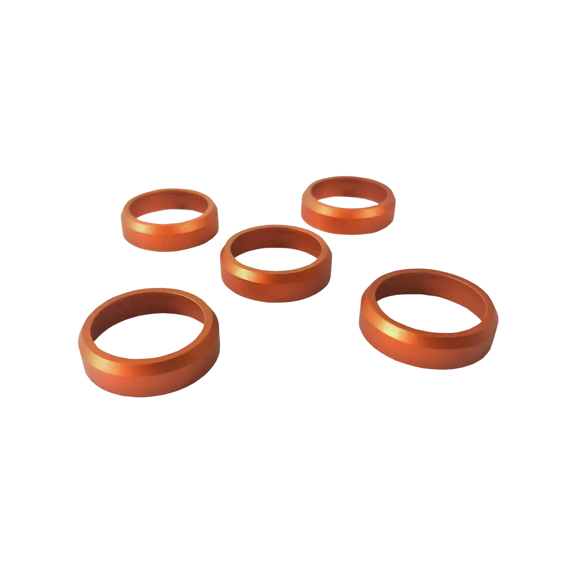 Five orange anodized aluminum anti-crack rings for duck call barrels