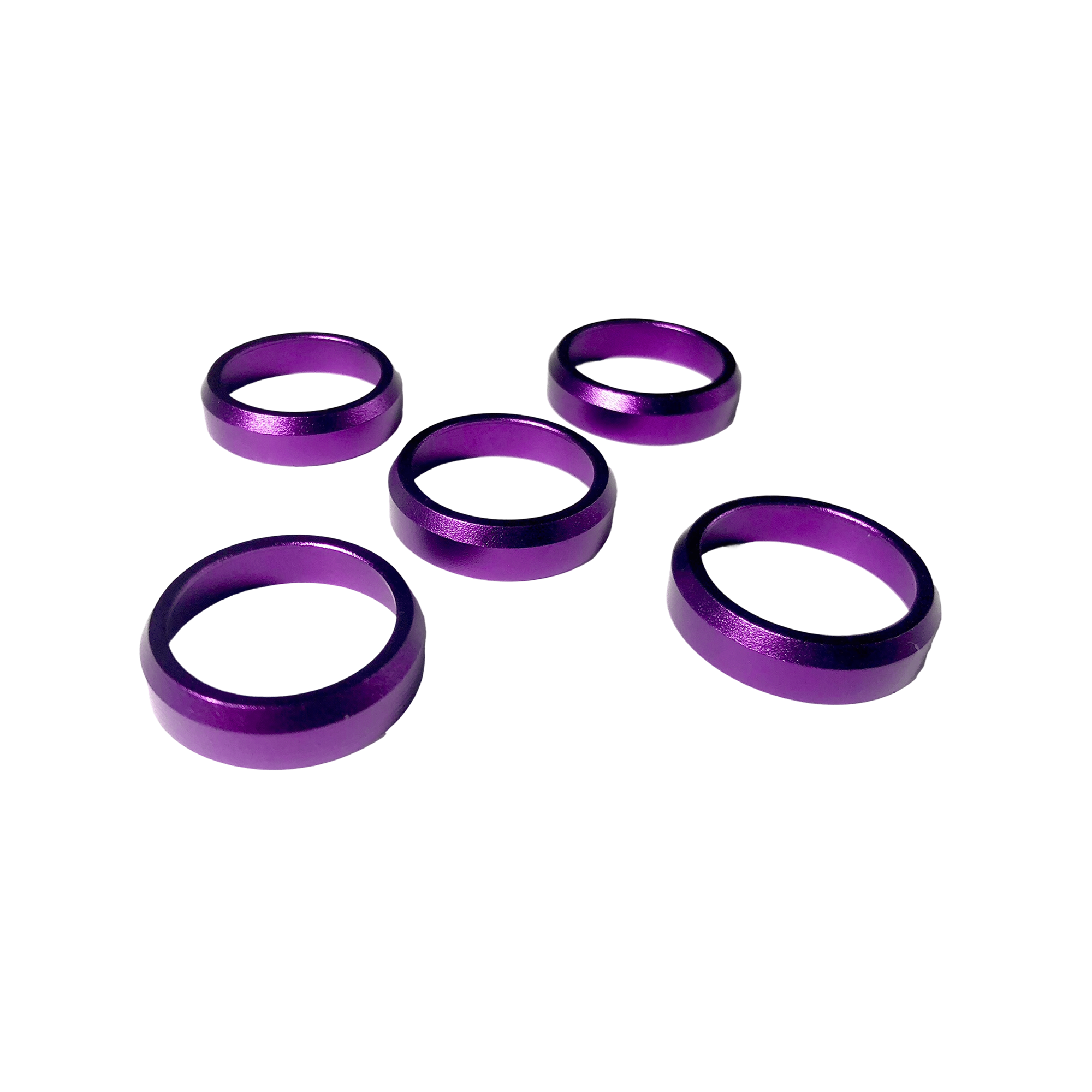 Five purple anodized aluminum anti-crack rings for duck call barrels