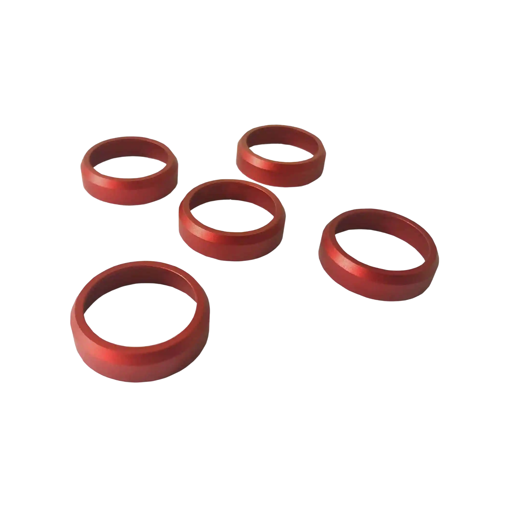 Five red anodized aluminum anti-crack rings for duck call barrels