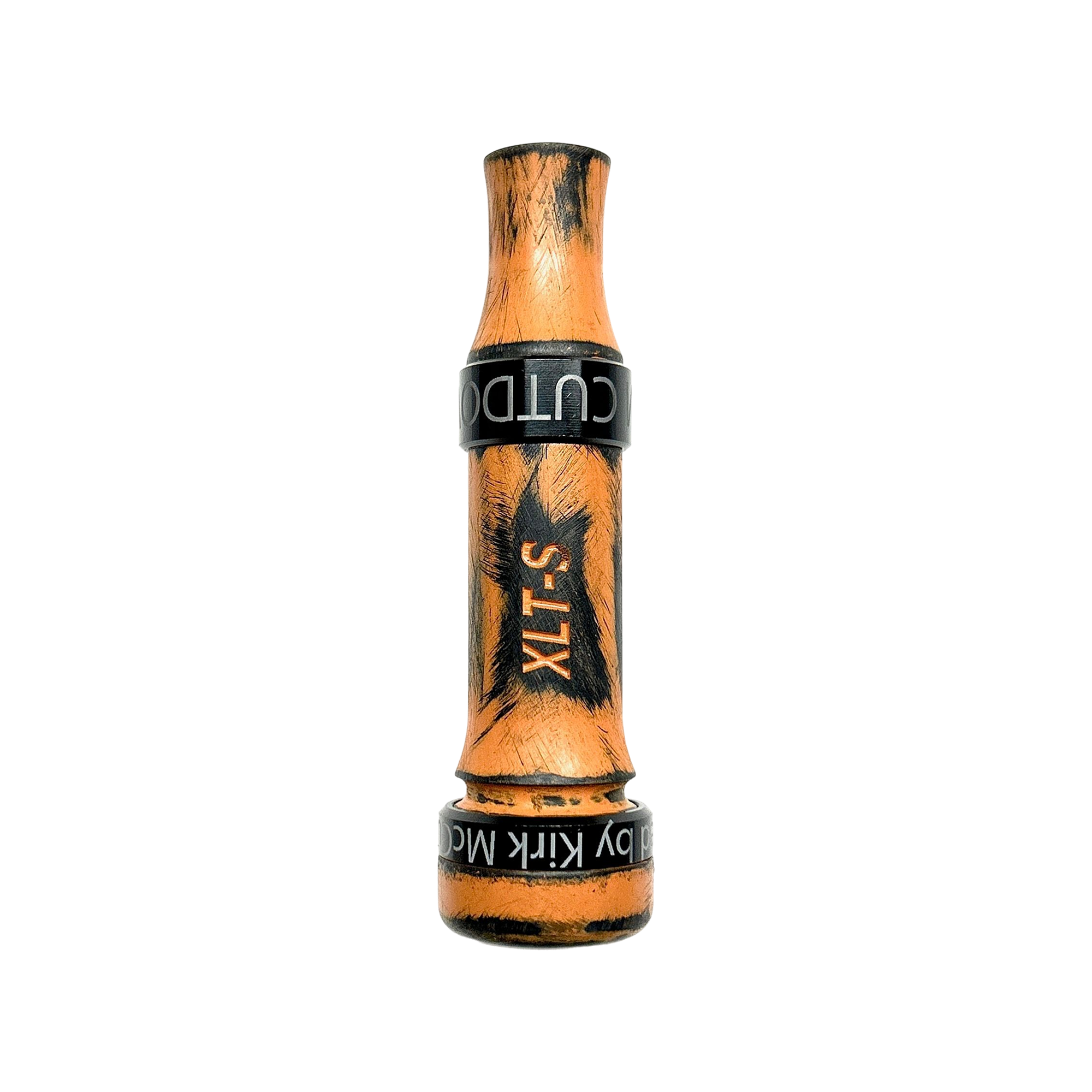 XLT-S short barrel cut-down duck call with Burnt Orange Rooster rough finish barrel, front view