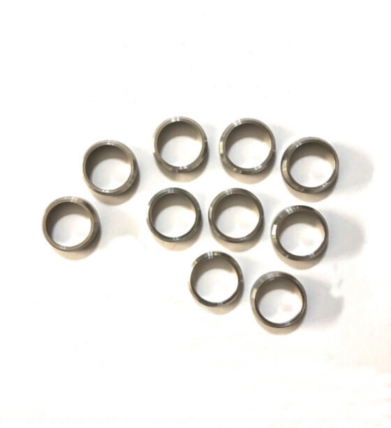 stainless steel cut down crack rings for duck call. these fit all Kirk McCullough duck calls. A perfect addition to your excellent duck calls and help them be effective all duck hunting season long. stainless steel cut down tapered ring, fits most D-2, DJ Grafton, and other keyhole calls. The ring is applied with epoxy, preventing the barrel from cracking. These are stainless steel cut down , tapered rings, fits most D-2, DJ Grafton, and other keyhole calls. 1. Ten shiny stainless steel cut down rings on a white surface, perfect for preventing cracks in duck call barrels. Enhance your duck calls for a successful hunting season! 2. Enhance your duck calls with these ten vibrant stainless steel cut down rings. Prevent barrel cracks and ensure effective calls all season long. A must-have for cut-down duck calls! 3. Add a touch of style and functionality to your duck calls with these ten stainless steel cut down rings. The stainless steel ring can be pressed or hammered and will not bend. Prevent barrel cracks and make your calls effective throughout the entire hunting season. Perfect for all Kirk McCullough duck calls!