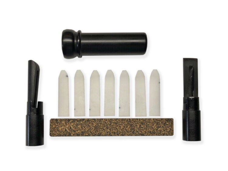 Deluxe Kit with 2 inserts, 7 #14 Mil Reeds, 1/4 x 4 Inch Cork Strip, and 1 Barrel. Duck Call is cast and Made in the USA. Customize and create your own cut-down to control the skies.