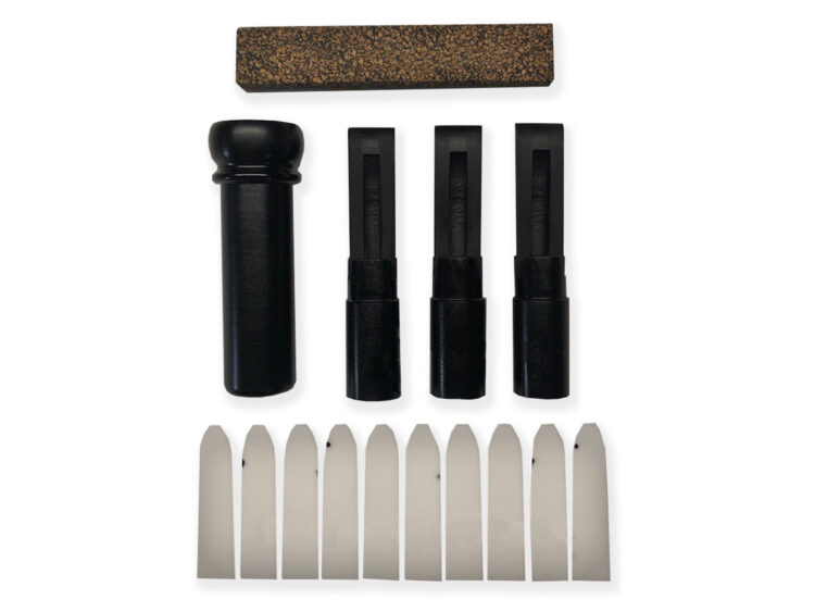 Magnum Kit with 3 inserts, 10 #14 mm Reeds, 1/4 x 4 Inch Cork Strip, and 1 Barrel UN-CUT Friction Fit Cast Mold Insert and Delrin Duck Call Barrel. Duck Call is cast and Made in the USA. Customize and create your own cut-down to control the skies.