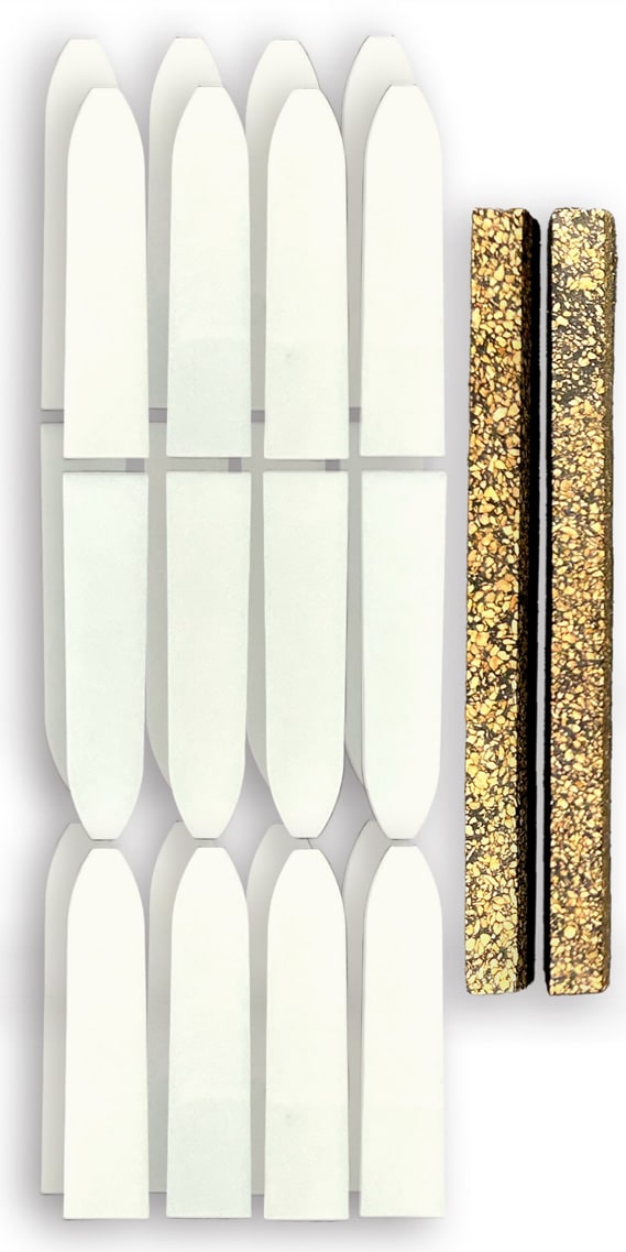 Our Cut Down Duck Call Reed & Cork Strip Set offers top-tier performance for serious hunters. Each set includes 12 Mylar reeds, hand-punched and inspected for precision and quality. Available in #14 (14 mil) or #10 (10 mil) thickness, these reeds are a single length, easily trimmed to fit any cut-down style call, giving you the versatility to fine-tune your gear. The set also features two 4-inch cork strips made from tough, rubberized material. This robust cork is specifically designed to withstand wet conditions without tearing, ensuring long-lasting reliability in the field. Each strip, at ¼ inch thick, is easy to cut with a razor knife and provides enough material for 10-12 individual cork wedges. This set is the perfect choice for maintaining and optimizing your duck calls, offering durability and precision you can depend on.