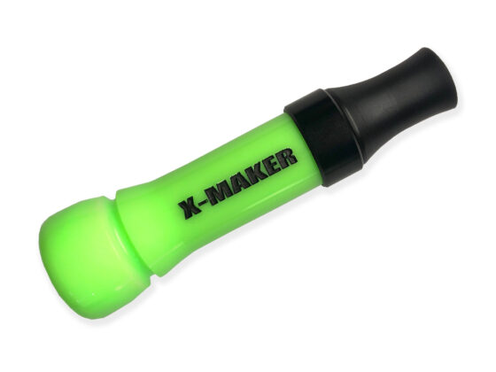 X-MAKER Cut-Down Mallard Duck Call: Fluorescent Green with Black Anodized Band and Threaded Cast Acrylic Flared Keyhole Insert. Responsive, excellent high and low end, loud, smooth, and user-friendly. Designed, cut, tuned, and sold by Kirk McCullough. The best and easiest duck calls.