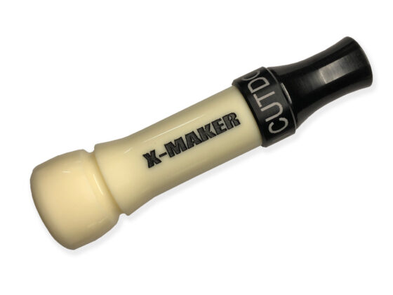 X-MAKER Cut-Down Duck Call: Ivory with Black Anodized Band and Threaded Cast Acrylic Flared Keyhole Insert. Responsive, excellent high and low end, loud, smooth, and user-friendly. Designed, cut, tuned, and sold by Kirk McCullough. The best and easiest duck calls.