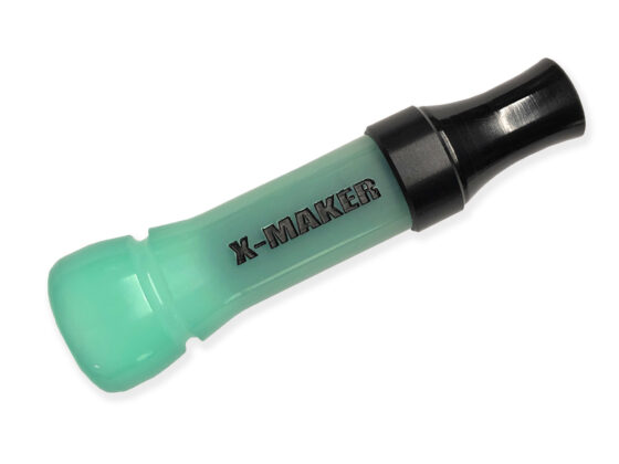 X-MAKER Cut-Down Duck Call: Jade with Black Anodized Band and Threaded Cast Acrylic Flared Keyhole Insert. Responsive, excellent high and low end, loud, smooth, and user-friendly. Designed, cut, tuned, and sold by Kirk McCullough.