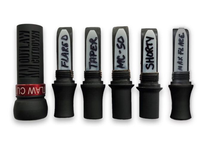Flat Black KM OUTLAW CUTDOWN Duck Call and Red Band with 5 Interchangeable Duck Call Cast Mold Inserts