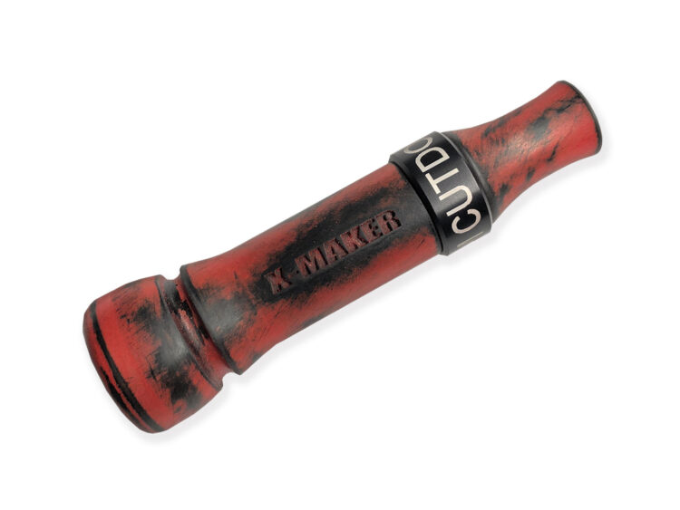 X-MAKER Cut-Down Duck Call: Blood on the Water with Black Anodized Band and Threaded Cast Acrylic Flared Keyhole Insert. Responsive, excellent high and low end, loud, smooth, and user-friendly. Designed, cut, tuned, and sold by Kirk McCullough.