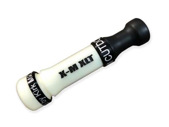 X-MAKER XLT Cut-Down Duck Call: Ivory Over Flat Black Cutdown with threaded cast acrylic barrel, threaded cast acrylic flared keyhole insert, and an aluminum anodized band. Very easy to blow, responsive, excellent high and low end, loud, smooth, and user-friendly. Designed, cut, tuned, and sold by Kirk McCullough. The best and easiest duck calls.