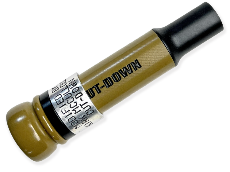 Olive Drab Black Label Threaded Keyhole Cut-down - A loud and easy-to-blow duck call meticulously designed, hand-cut, and sold by Kirk McCullough. The best and easiest duck call.