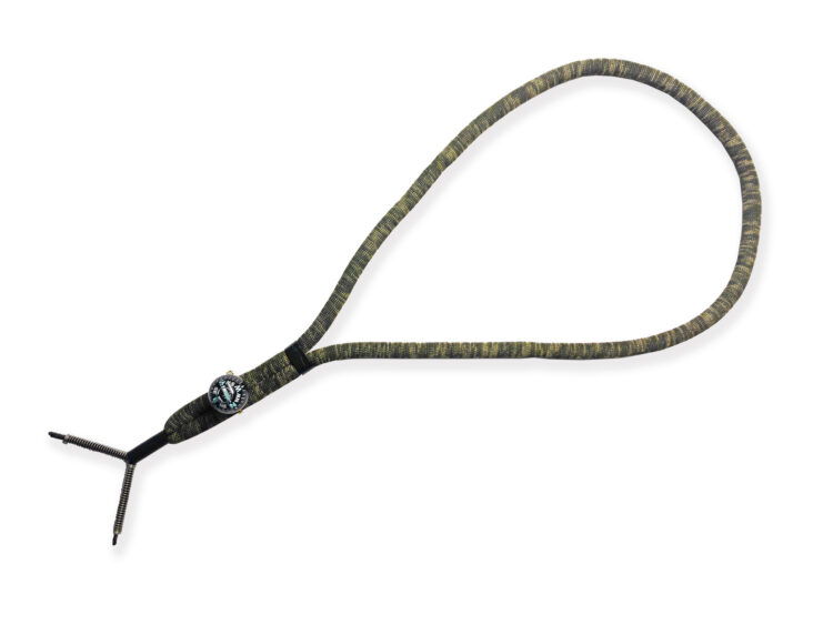 Floating double camo spring lanyard with built-in compass for securing and easily accessing your duck call and gear during waterfowl hunting.