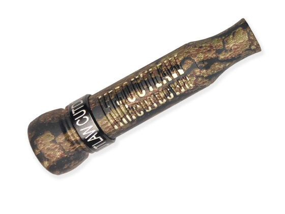 Ultimate camo unpainted KM OUTLAW Cutdown Duck Call with threaded acrylic barrel. Flared Keyhole-Easy to blow, responsive, good high/low, loud.. Precision built. Designed, cut, hand-tuned duck call by Kirk McCullough. The best and easiest duck calls.