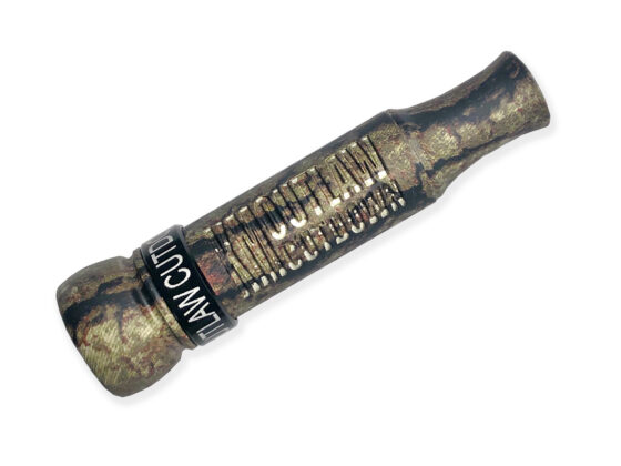 Ultimate camo unpainted KM OUTLAW Cutdown Duck Call with threaded acrylic barrel. MAX-FLARED Keyhole-sounds like a hen mallard, easy to blow, loud, large flare. Precision built. Designed, cut, hand-tuned duck call by Kirk McCullough. The best and easiest duck calls.