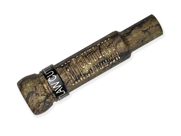 Ultimate camo unpainted KM OUTLAW Cutdown Duck Call with threaded acrylic barrel. MC-50 Multi-Channel Round Hole-very Loud, raspy, excellent sound quality. Precision built. Designed, cut, hand-tuned duck call by Kirk McCullough. The best-sounding duck call.