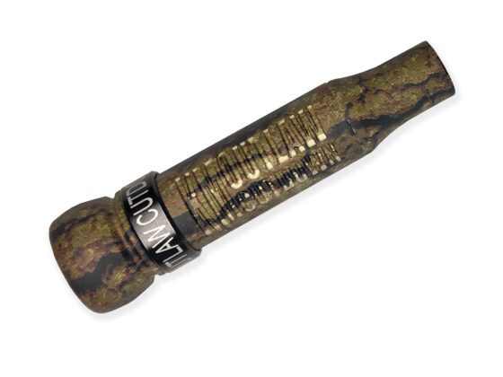 Ultimate camo unpainted KM OUTLAW cutdown mallard duck call with threaded acrylic barrel. Tapered keyhole-Easy to blow, crisp sound, deep tone, loud. Precision built. Designed, cut, hand-tuned duck call by Kirk McCullough. The best and easiest duck calls.
