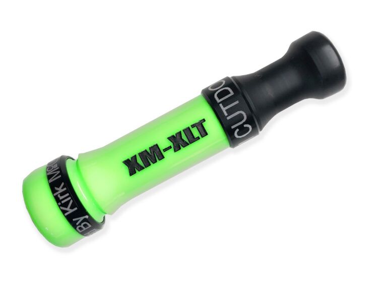 X-MAKER XLT Cut-Down Duck Call: Fluorescent Green barrel with threaded cast acrylic barrel, threaded cast acrylic flared keyhole insert, and an aluminum anodized band. Very easy to blow, responsive, excellent high and low end, loud, smooth, and user-friendly. Designed, cut, tuned, and sold by Kirk McCullough. The best and easiest duck calls.