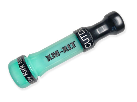 X-MAKER XLT Cut-Down Duck Call: Jade barrel with threaded cast acrylic barrel, threaded cast acrylic flared keyhole insert, and an aluminum anodized band. Very easy to blow, responsive, excellent high and low end, loud, smooth, and user-friendly. Designed, cut, tuned, and sold by Kirk McCullough. The best and easiest duck calls.