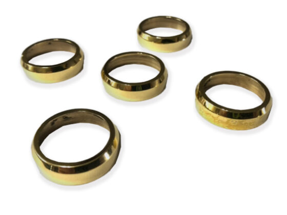 Shiny brass crack rings for duck call tapered ring, fits most D-2, DJ Grafton, and other keyhole calls. The ring is applied with epoxy, preventing the barrel from cracking. These fit all Kirk McCullough duck calls. A perfect addition to your excellent duck calls and help them be effective all duck hunting season long. Five shiny brass rings on a white surface, perfect for preventing cracks in duck call barrels. Enhance your duck calls for a successful hunting season! Enhance your duck calls with these five vibrant brass rings. Prevent barrel cracks and ensure effective calls all season long. A must-have for cut-down duck calls! Add a touch of style and functionality to your duck calls with these five brass rings. Prevent barrel cracks and make your calls effective throughout the entire hunting season. Perfect for all Kirk McCullough duck calls!