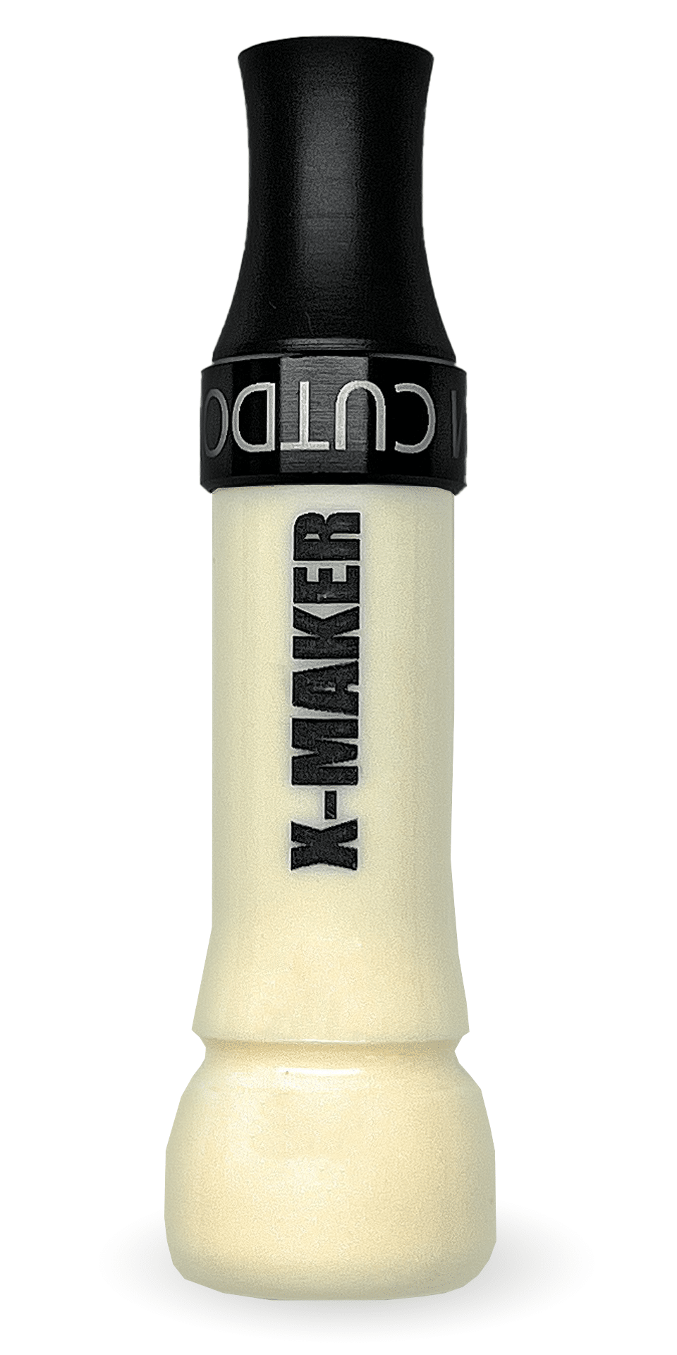 Introducing the X-MAKER Cut-Down Duck Call, now available in striking Ivory with a Black Anodized Band and a Threaded Cast Acrylic Flared Keyhole Insert. This call is designed for exceptional responsiveness, delivering excellent high and low-end tones with a loud, smooth, and user-friendly performance. Expertly crafted, cut, tuned, and sold by Kirk McCullough, these duck calls are celebrated as the best and easiest to use on the market. Proudly made in the USA on the great Mississippi flyway in Arkansas.