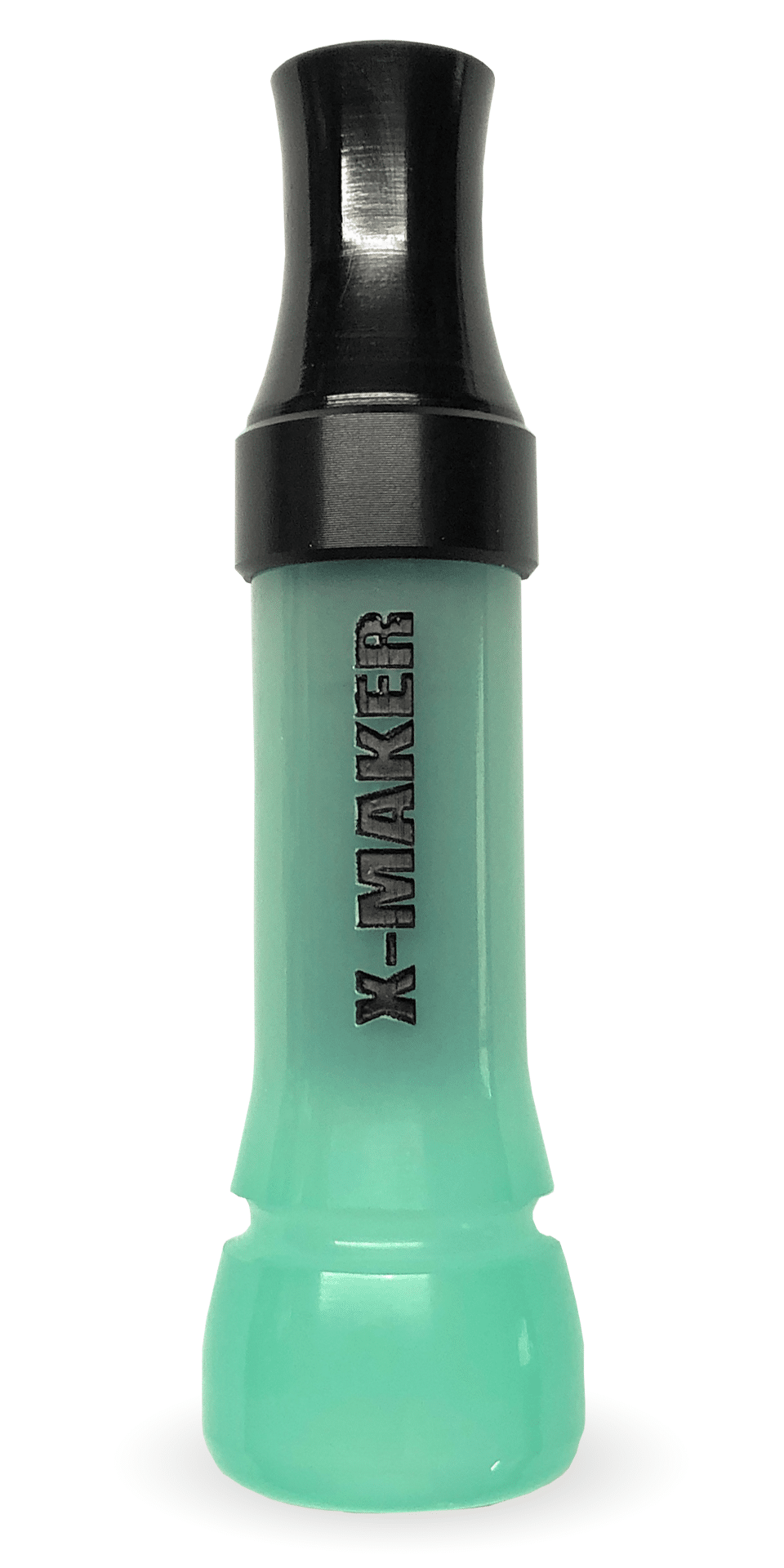Introducing the X-MAKER Cut-Down Duck Call in striking Jade, featuring a Black Anodized Band and a Threaded Cast Acrylic Flared Keyhole Insert. Engineered for exceptional responsiveness, it delivers outstanding high and low-end tones, boasting a loud, smooth, and user-friendly performance. Each call is meticulously designed, cut, tuned, and sold by Kirk McCullough. Proudly made on the great Mississippi flyway in Arkansas.