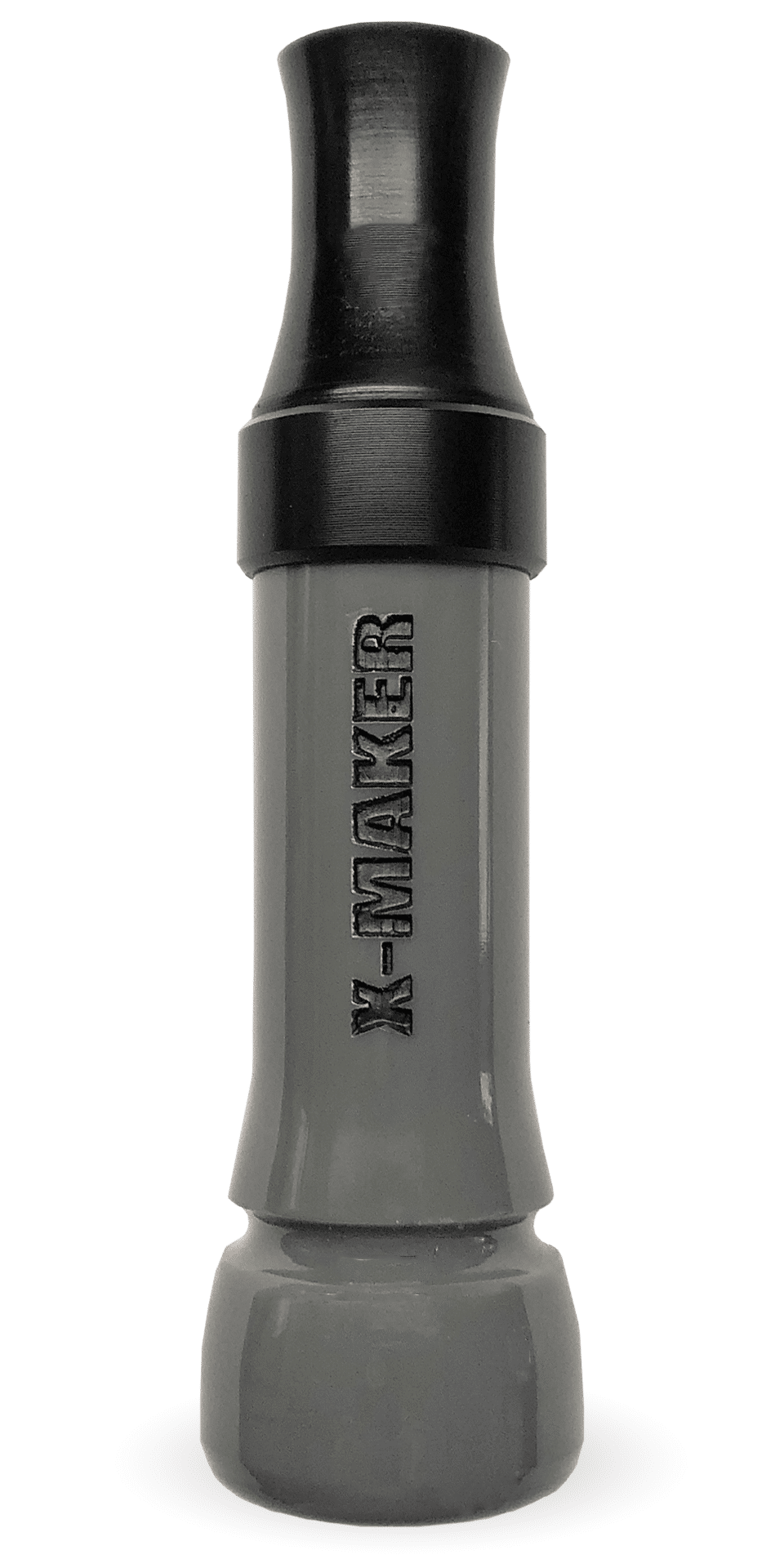Introducing the X-MAKER Cut-Down Duck Call in Modern Grey, featuring a Black Anodized Band and Threaded Cast Acrylic Flared Keyhole Insert. This call is renowned for its responsiveness, delivering excellent high and low-end tones with impressive volume. It offers a loud, smooth, and user-friendly experience that sets it apart. Designed, cut, tuned, and sold by Kirk McCullough, these duck calls are celebrated as the pinnacle of ease and quality. Proudly made on the great Mississippi flyway in Arkansas.