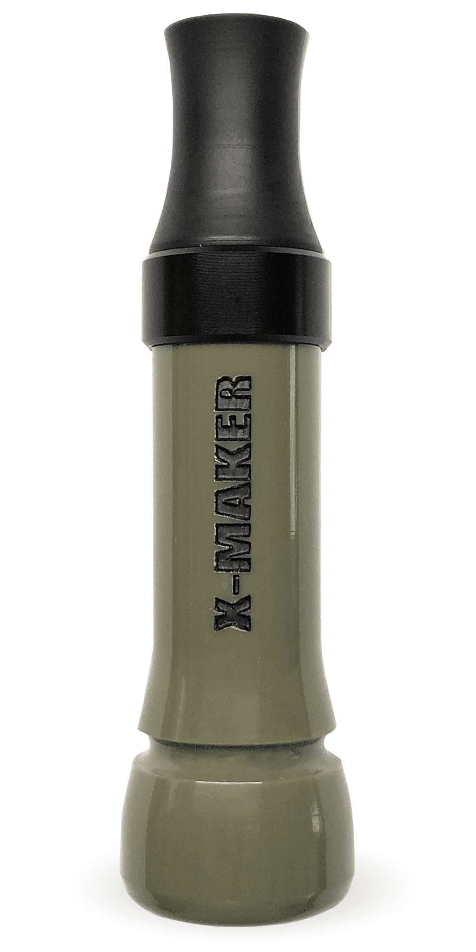 X-MAKER Cut-Down Duck Call in Olive Drab OD, complemented by a Black Anodized Band and Threaded Cast Acrylic Flared Keyhole Insert. These calls are celebrated for their responsiveness, delivering excellent high and low-end tones with impressive volume. They offer a smooth and user-friendly experience, designed meticulously by Kirk McCullough. Recognized as the best and easiest duck calls available, proudly made in Arkansas.
