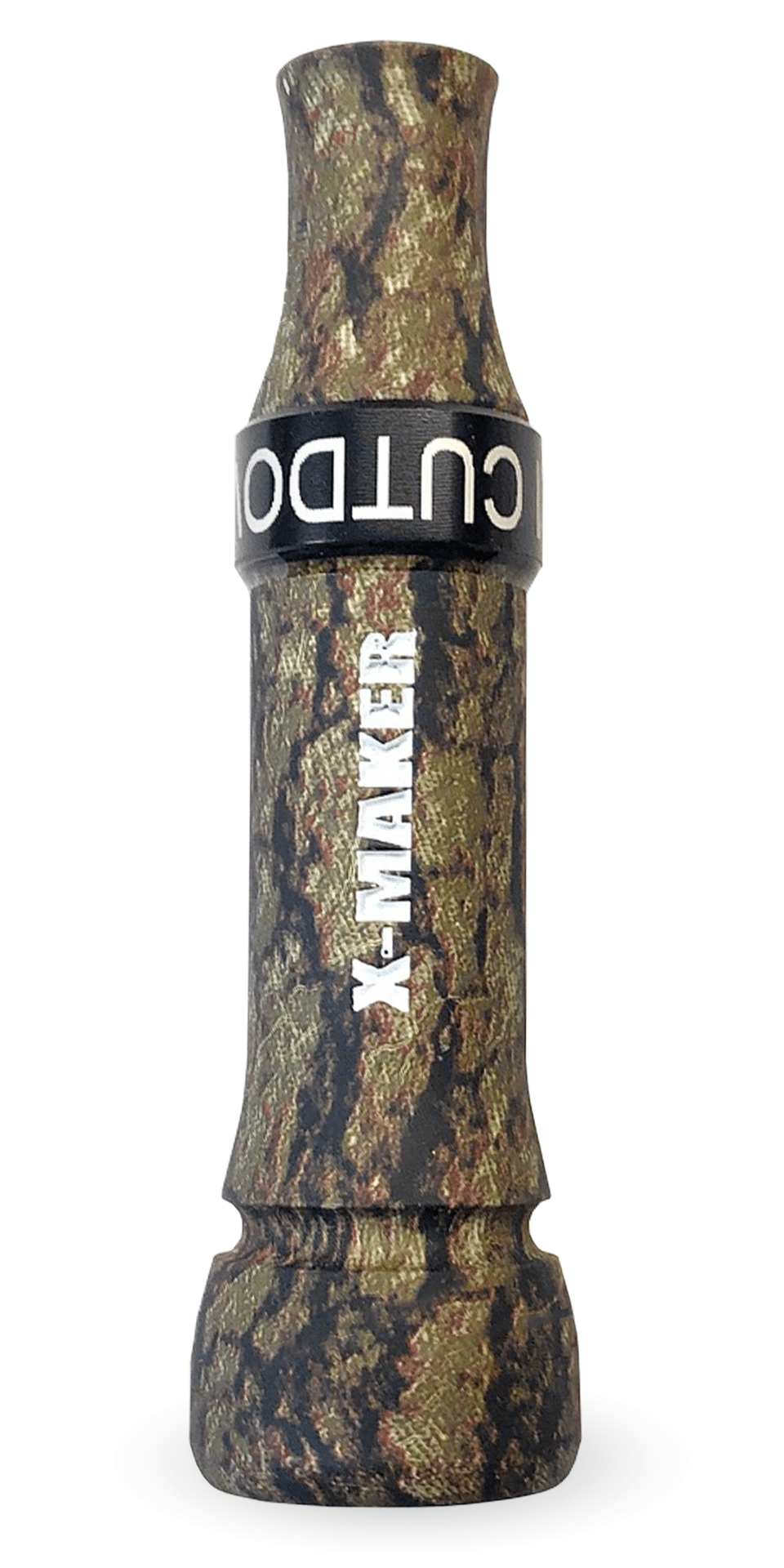 Introducing the X-MAKER Ultimate Camo Duck Call with a Plain Black Band Elevate your duck hunting experience with the X-MAKER Ultimate Camo Duck Call, featuring a Plain Black Band and innovative Threaded Flared Keyhole design. Crafted on the great Mississippi flyway in Arkansas, this call embodies precision and craftsmanship, meticulously designed and hand-tuned by the renowned Kirk McCullough. Key Features: Exceptional Craftsmanship: Each call is meticulously designed, cut, and hand-tuned by Kirk McCullough, ensuring superior performance and reliability. American-Made Quality: Proudly crafted in the USA from durable hard cast acrylic, this call blends robustness with exceptional sound quality. Responsive Performance: Engineered to produce excellent high and low tones with a loud, smooth sound, making it highly effective in any hunting scenario. User-Friendly Design: Suitable for hunters of all skill levels, this call is easy to use and delivers realistic quacks that effortlessly attract ducks. Prepare to dominate the field, whether in a blind or flooded timber, with the X-MAKER Ultimate Camo Duck Call. Experience the unmatched precision and craftsmanship that make this call the ultimate choice for dedicated duck hunters.